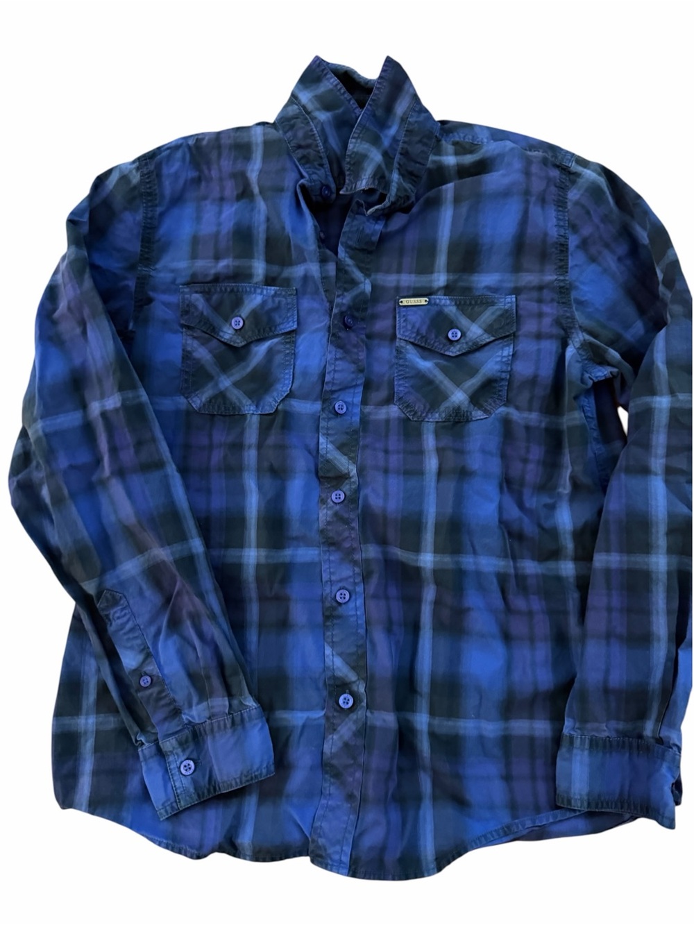 Guess Blue and Black Plaid Button-Down Shirt
